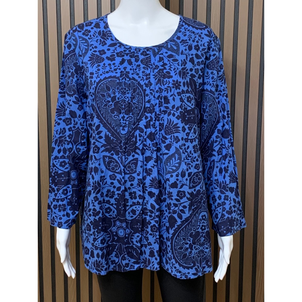 Boden Blue Floral Paisley Pintuck Cotton Blouse Women's 14 Long Sleeve Classic